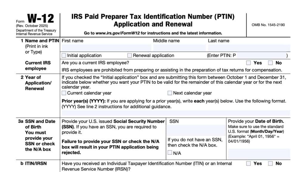 irs form w-12, IRS paid preparer tax identification (PTIN) application and renewal