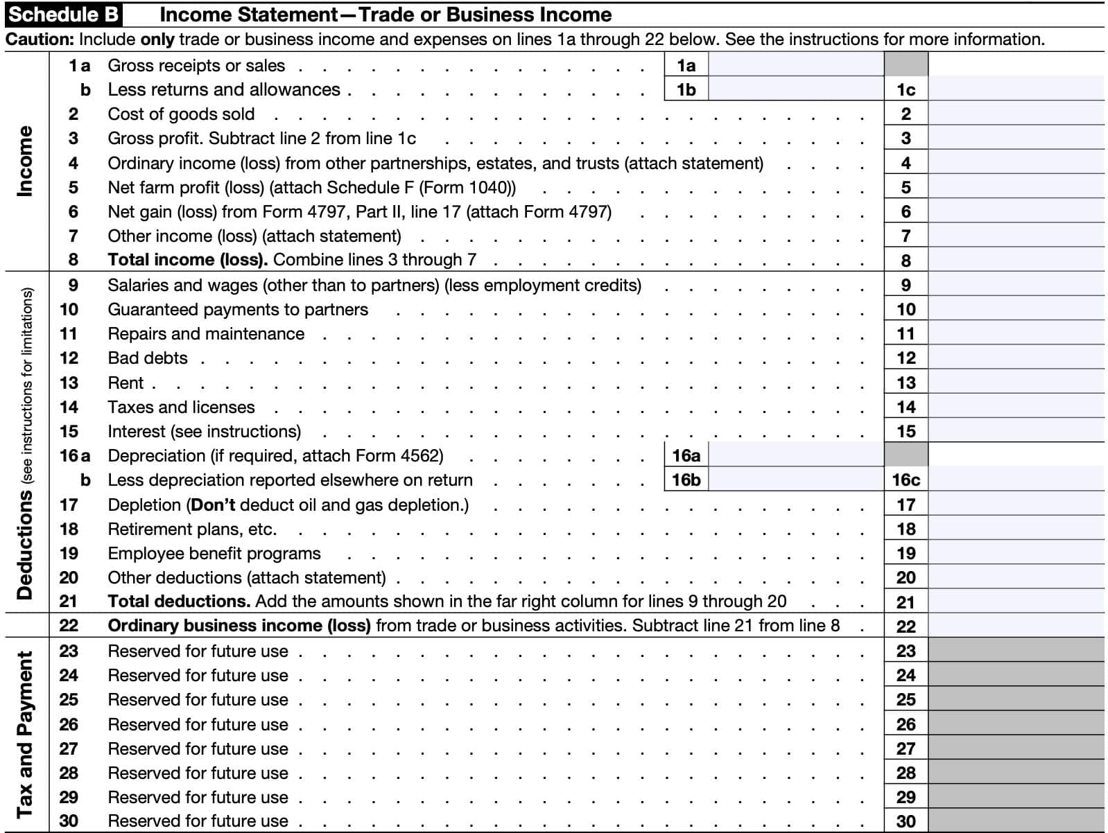 IRS Form 8865, Schedule B contains the income statement for Category 1 filers