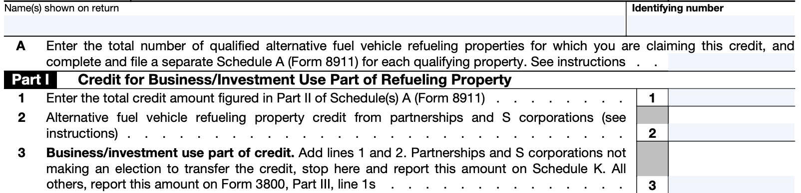 irs Form 8911, part I: credit for business/investment use part of refueling property
Part I contains the total cost of your qualified alternative fuel refueling property.
