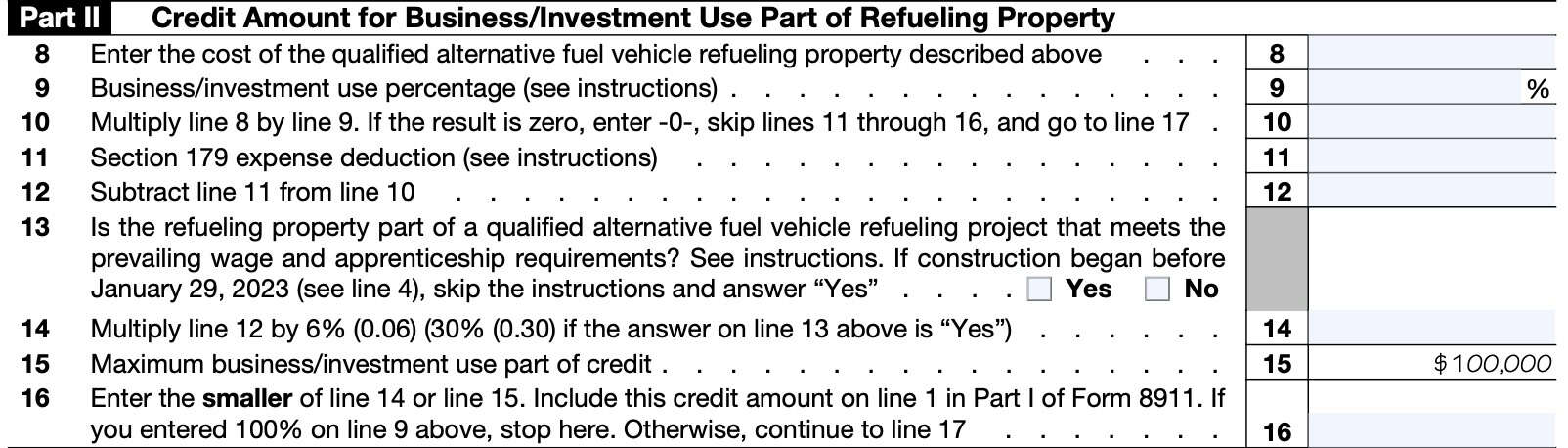 schedule a part ii: credit amount for business/investment use part of refueling property