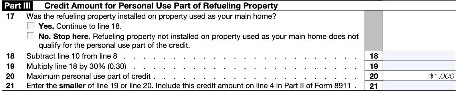 irs form 8911 schedule a part iii, credit amount for personal use part of refueling property