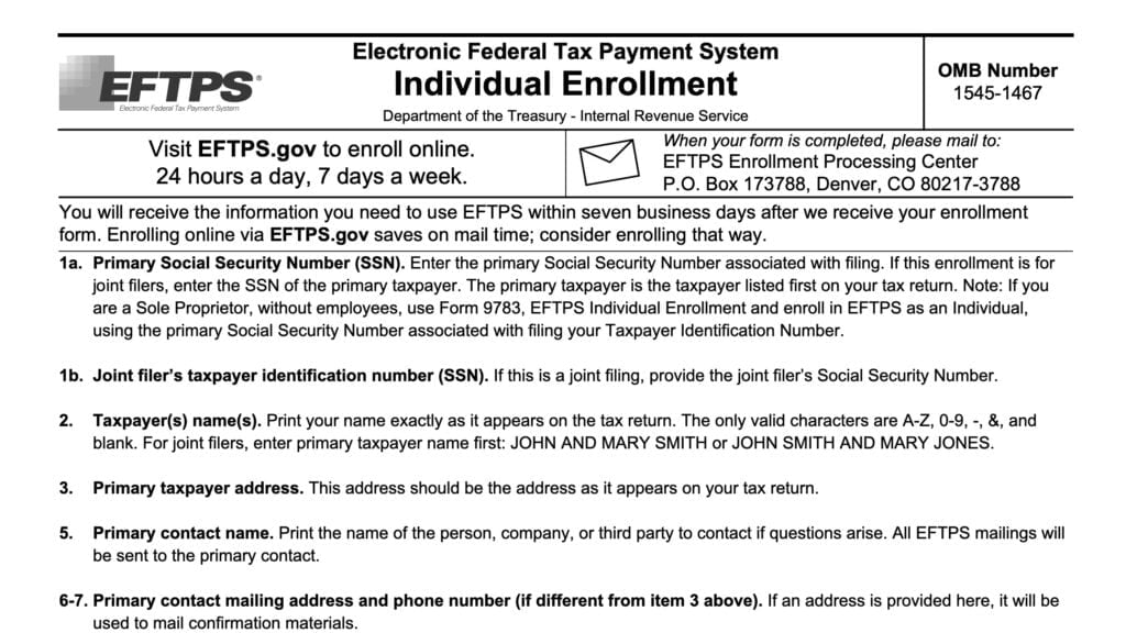 IRS Form 9783, electronic federal tax payment system individual enrollment