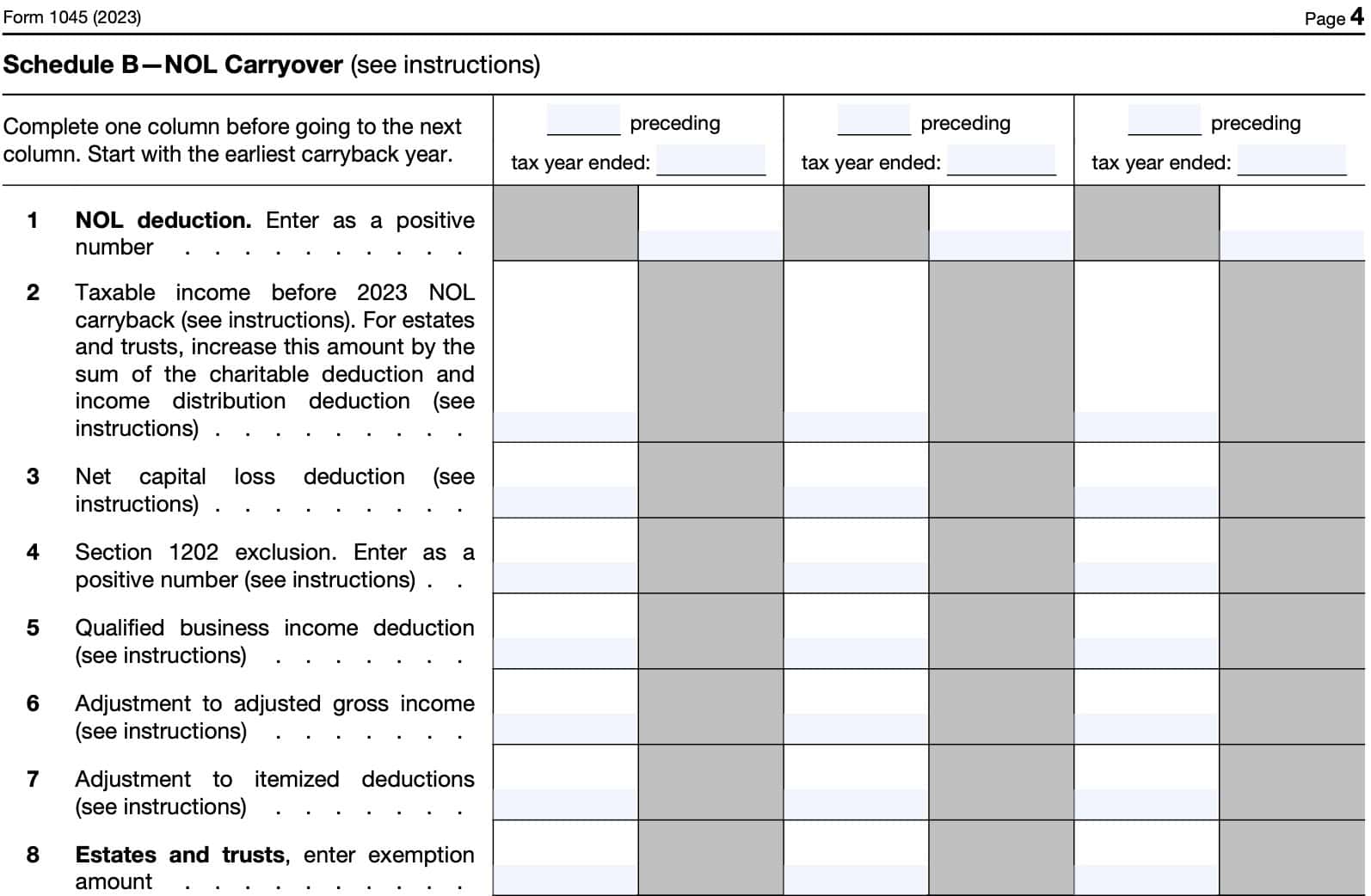 irs form 1045, schedule b-NOL carryover, lines 1 through 8
