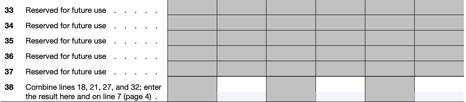 irs form 1045, schedule b, lines 33 through 38