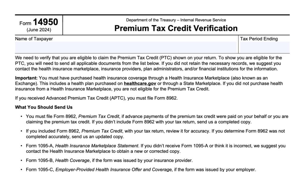 irs form 14950, premium tax credit verification