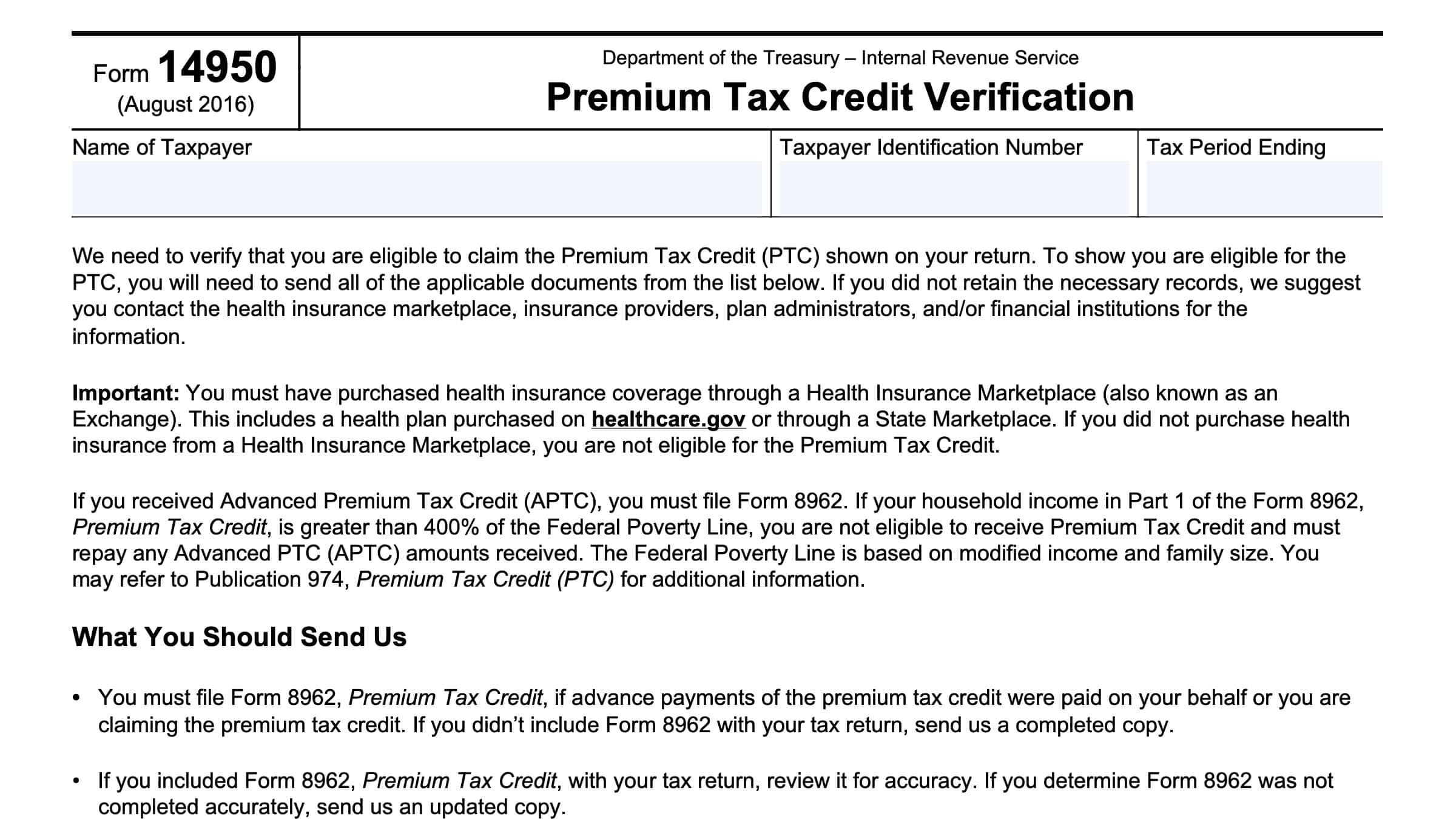 IRS Form 14950 Instructions - Premium Tax Credit Verification