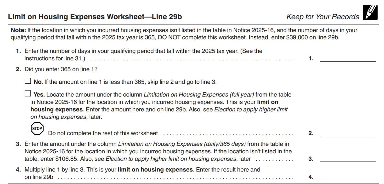 line 29b: limit on housing expenses worksheet
