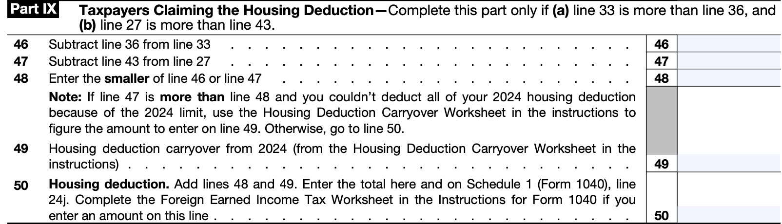 irs form 2555, part ix: taxpayers claiming the housing deduction