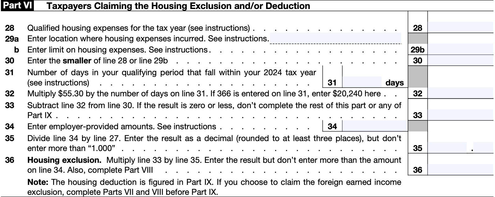 irs form 2555, part vi: taxpayers claiming the housing exclusion and/or deduction