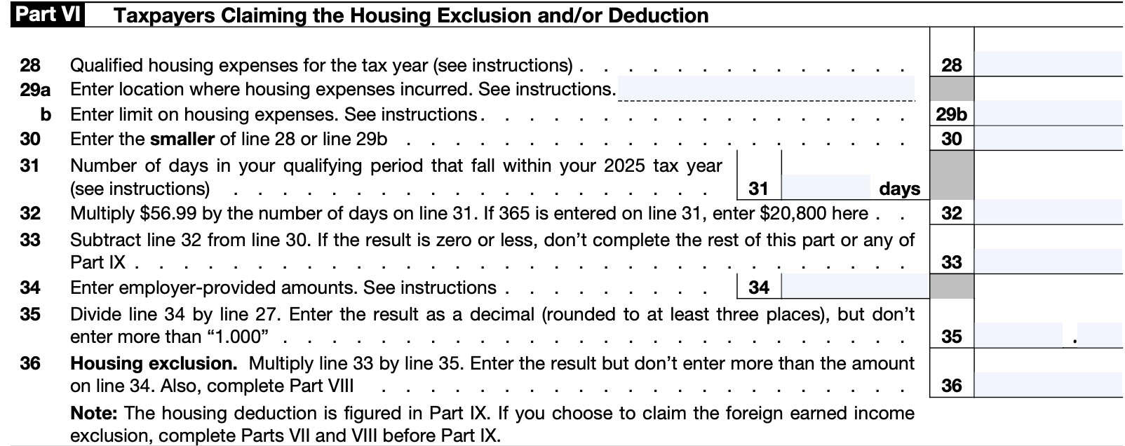 irs form 2555, part vi: taxpayers claiming the housing exclusion and/or deduction