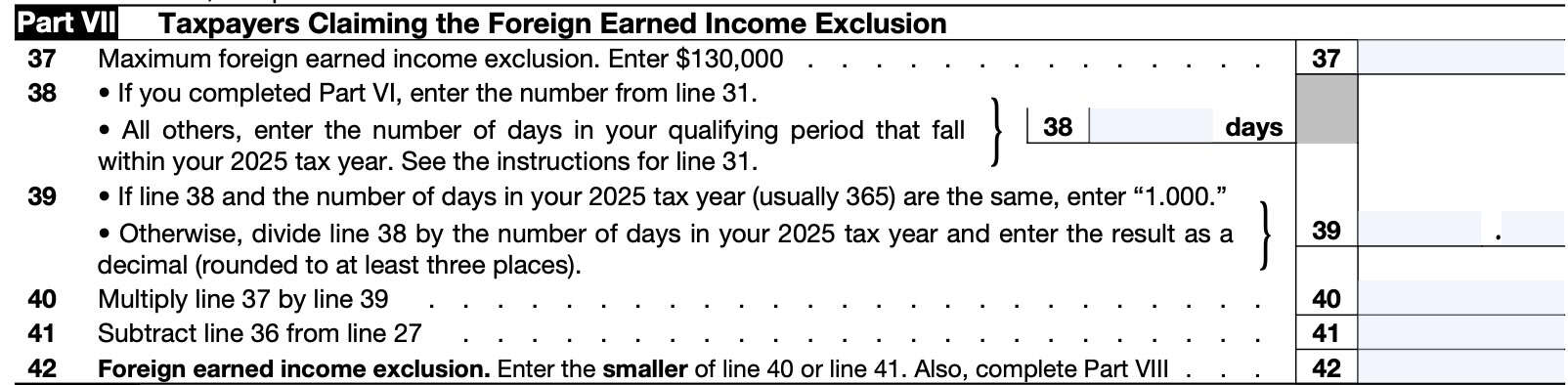 irs form 2555, part vii: taxpayers claiming the foreign earned income exclusion
