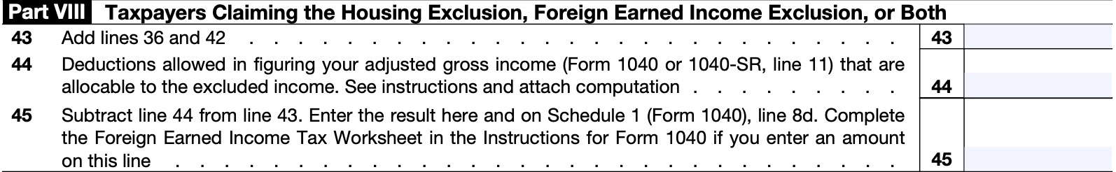 irs form 2555, part viii: taxpayers claiming the housing exclusion, foreign earned income exclusion, or both