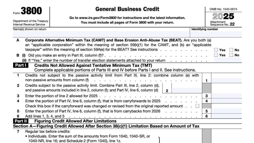 irs form 3800, general business credit