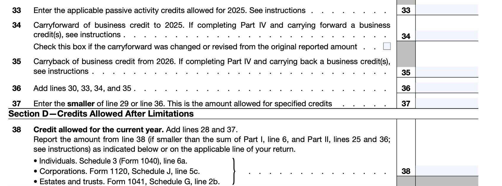 irs form 3800 part ii, lines 33 through 38