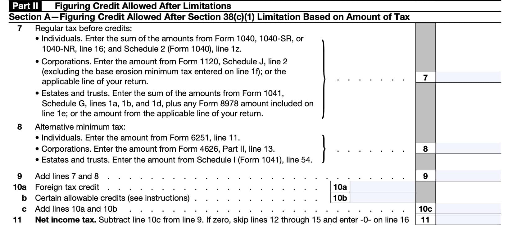 form 3800, part ii, allowable credit, lines 7 through 11