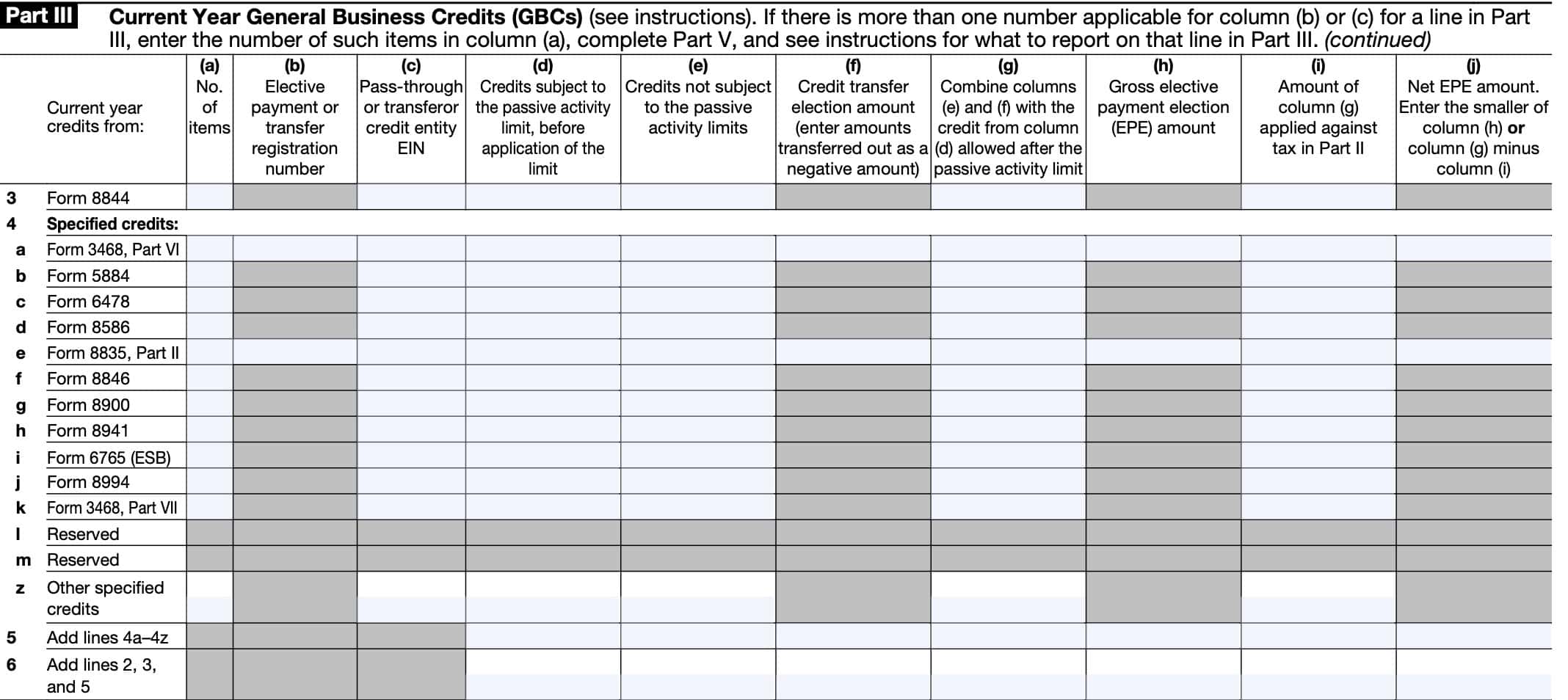 irs form 3800, part iii, lines 3 through 6