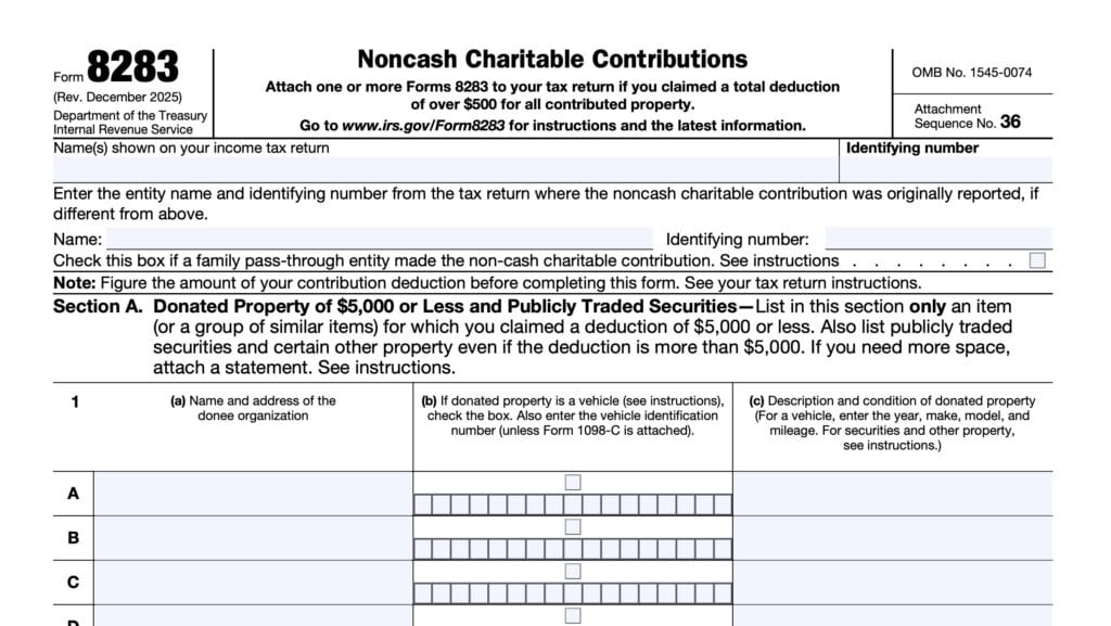 irs form 8283, noncash charitable contributions
