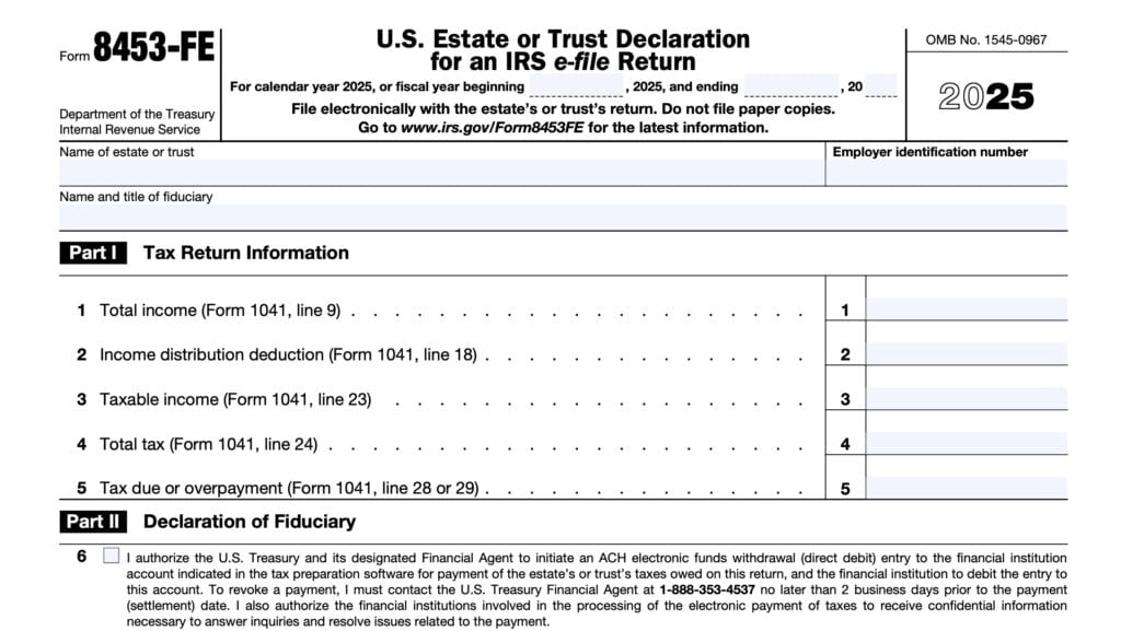 irs form 8453-fe, U.S. Estate or trust declaration for an irs e-file return