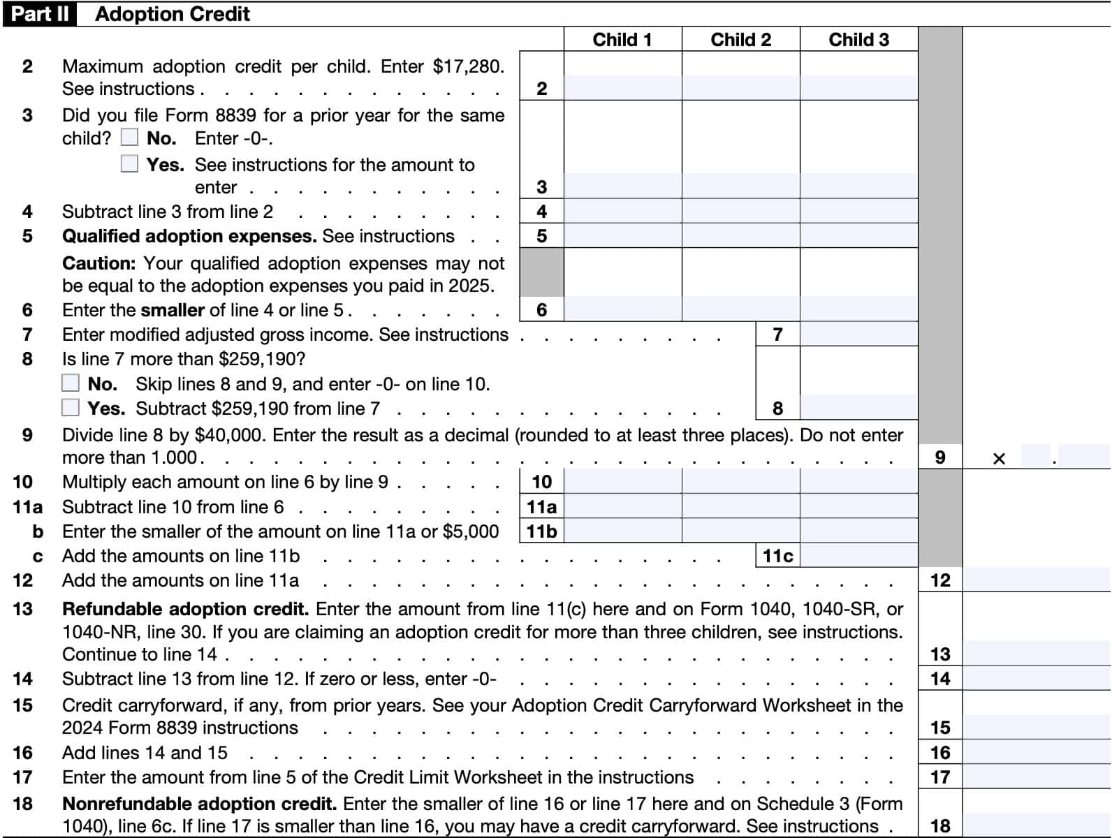 irs form 8839 part II: Adoption credit
