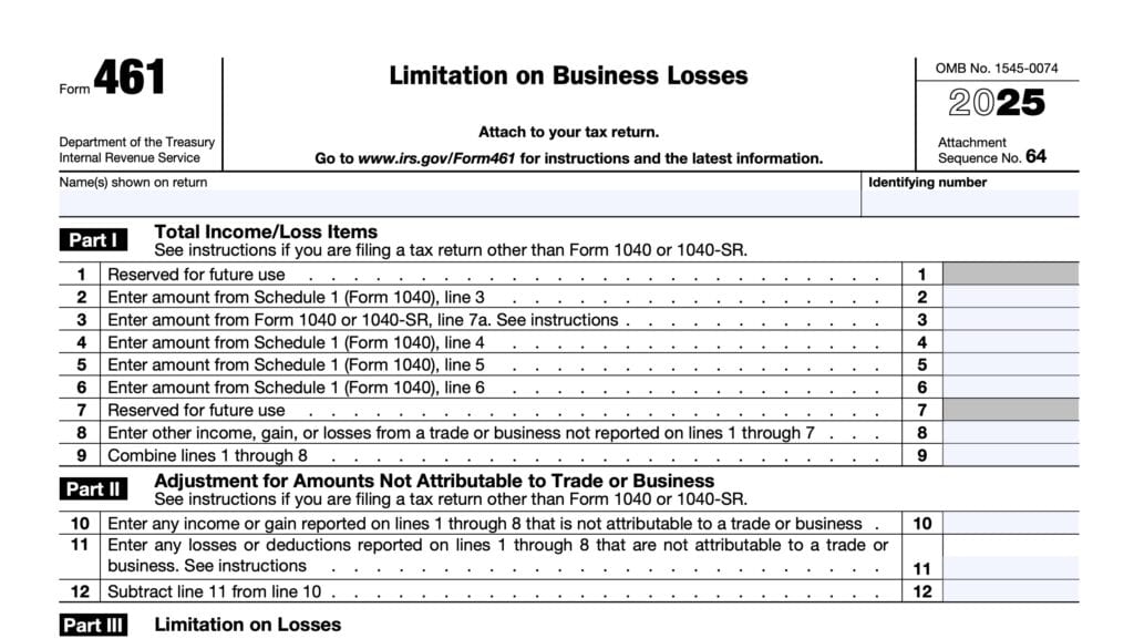 irs form 461, limitation on business losses