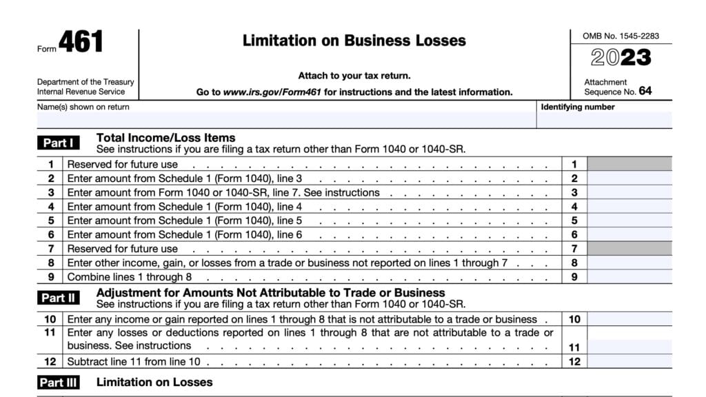 irs form 461, limitation on business losses