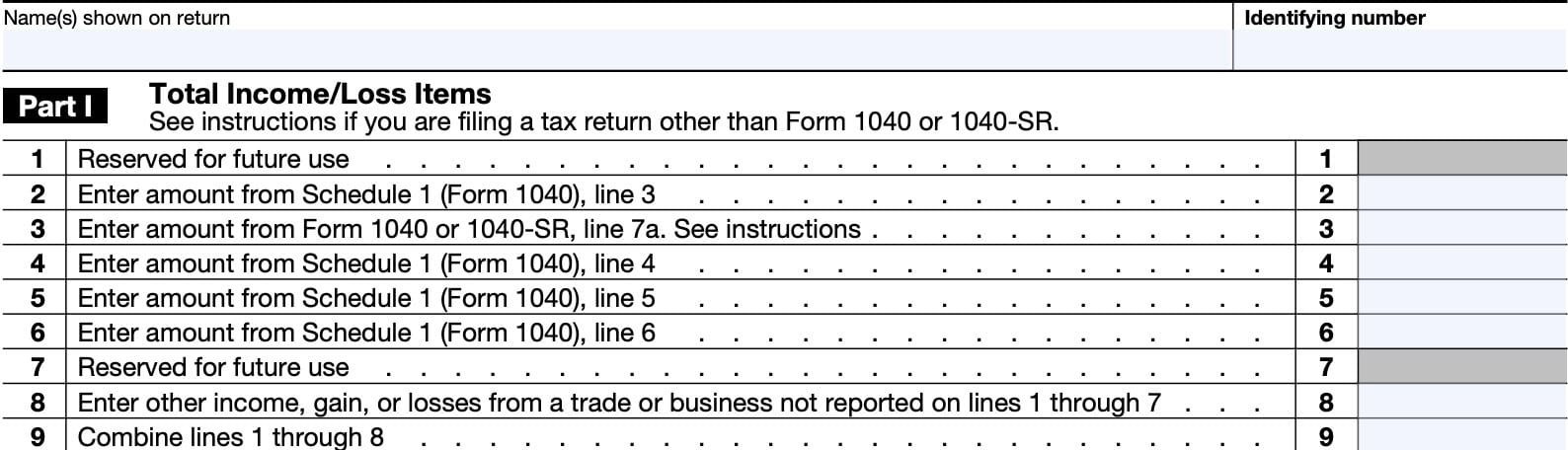 irs form 461, part i: total income/loss items
