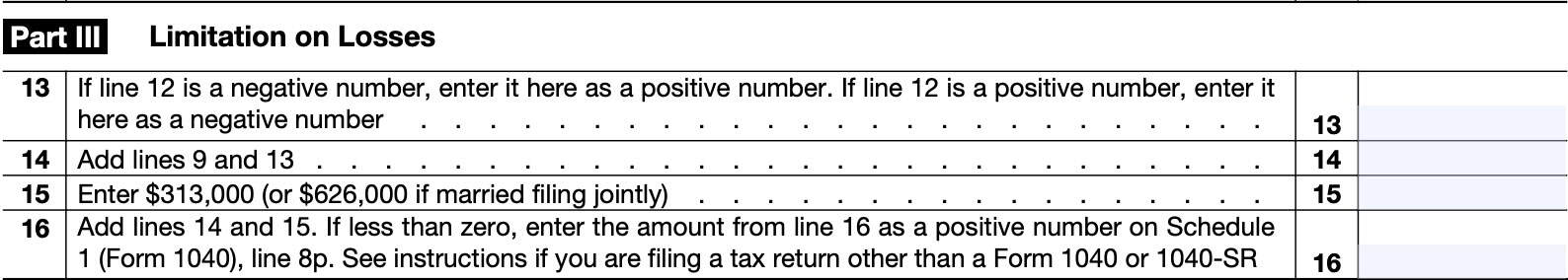 irs form 461, part iii: limitation on losses