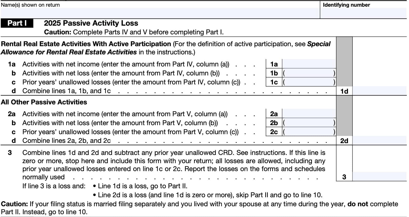 IRS Form 8582, part I: Passive activity loss
