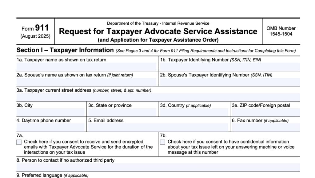 irs form 911, request for taxpayer advocate service assistance