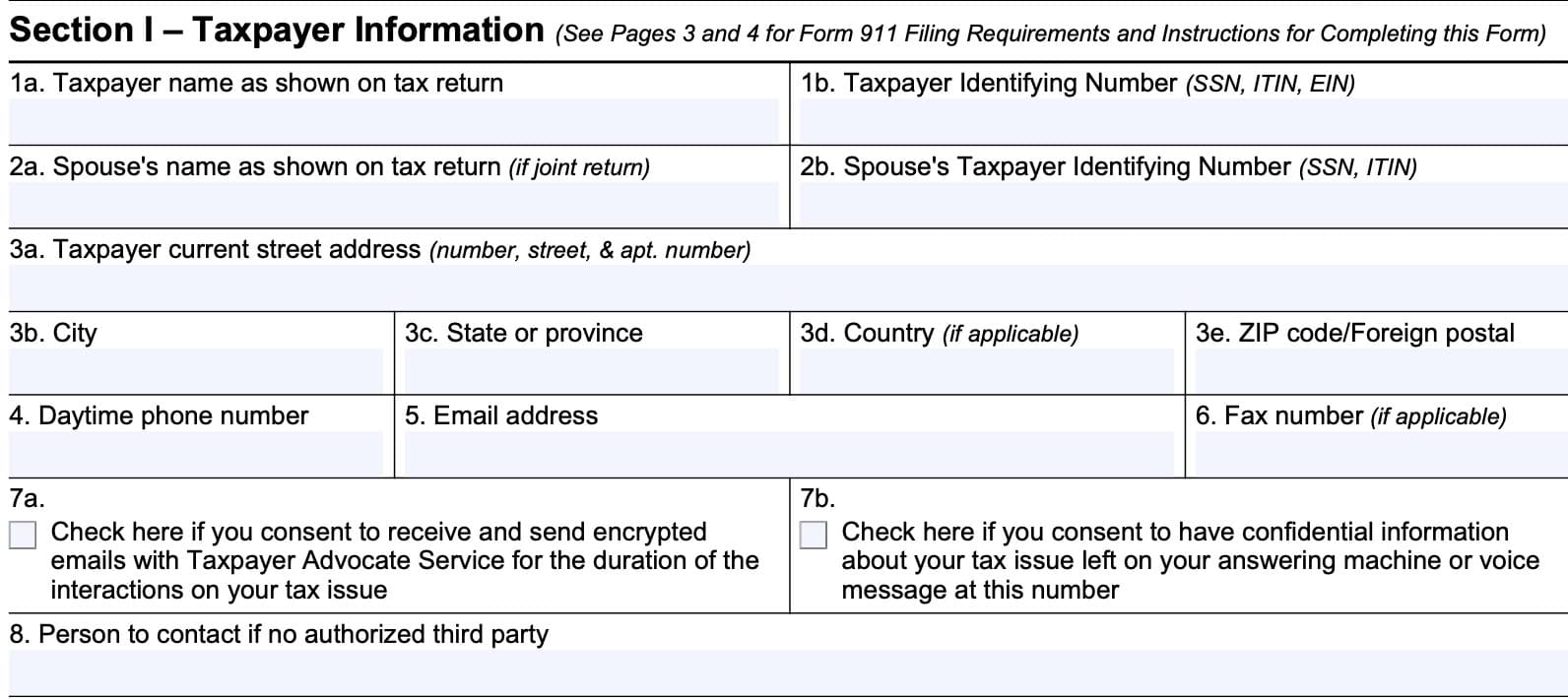irs form 911, section i: taxpayer information