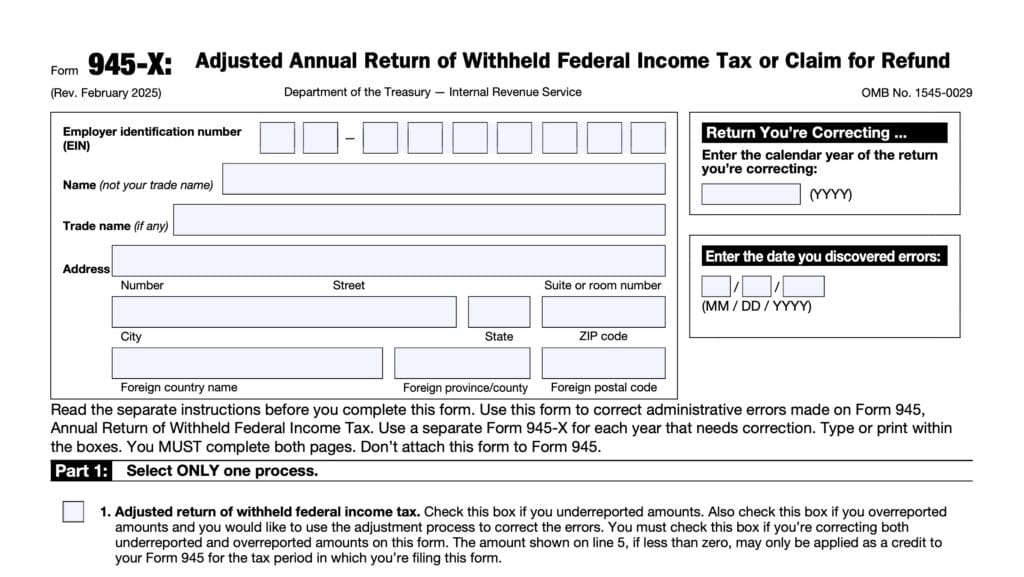 irs form 945-x, adjusted annual return of withheld federal income tax or claim of refund