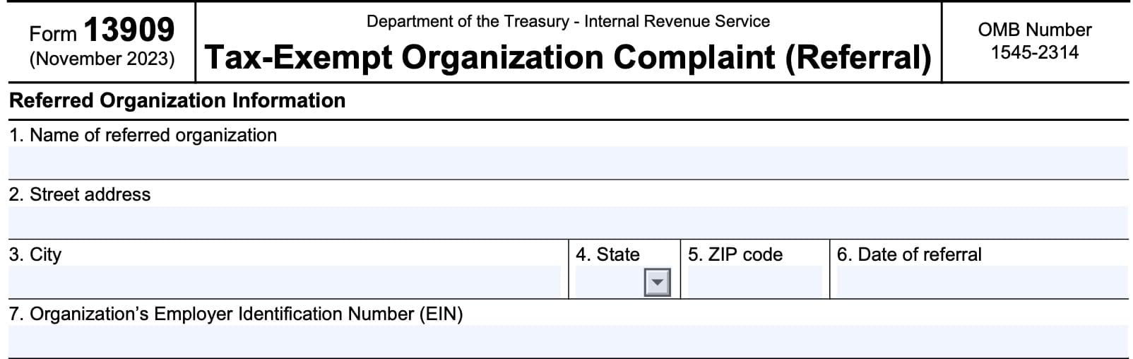 irs form 13909, referred organization information