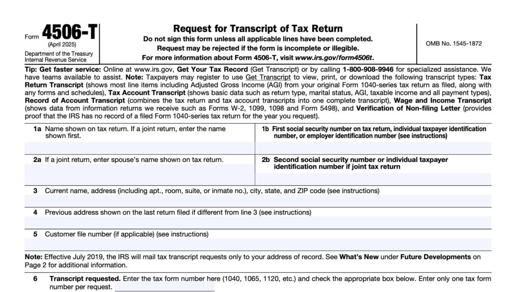 irs form 4506-t, request for transcript of tax return
