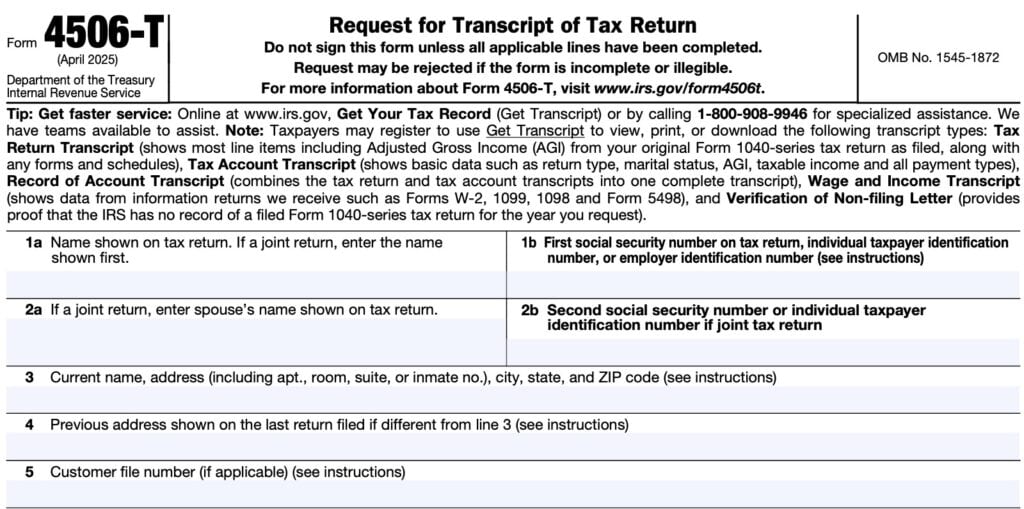 IRS Form 4506-T Instructions - Requesting A Tax Return Transcript