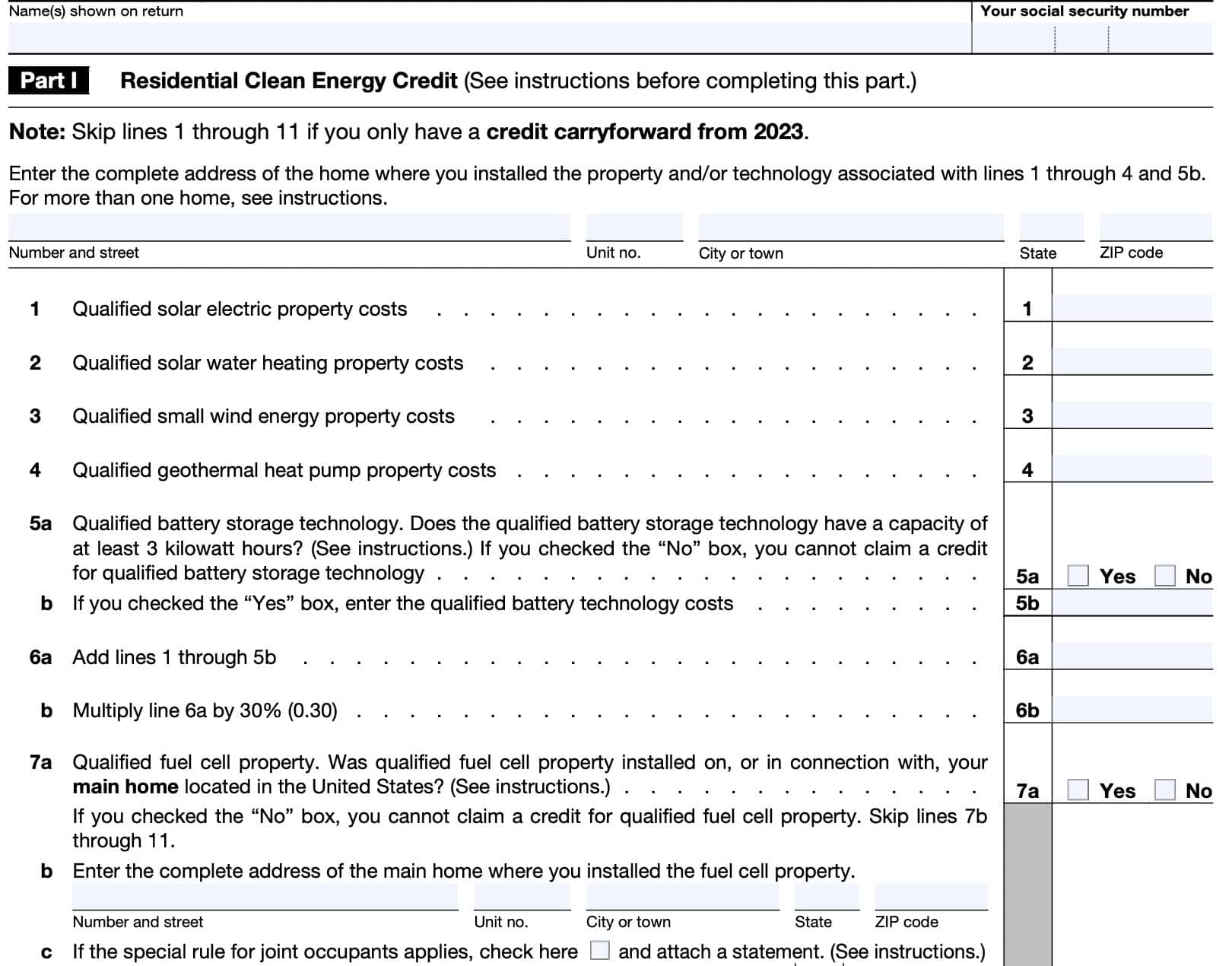 irs form 5695, part I: Residential clean energy credit lines 1 through 7
