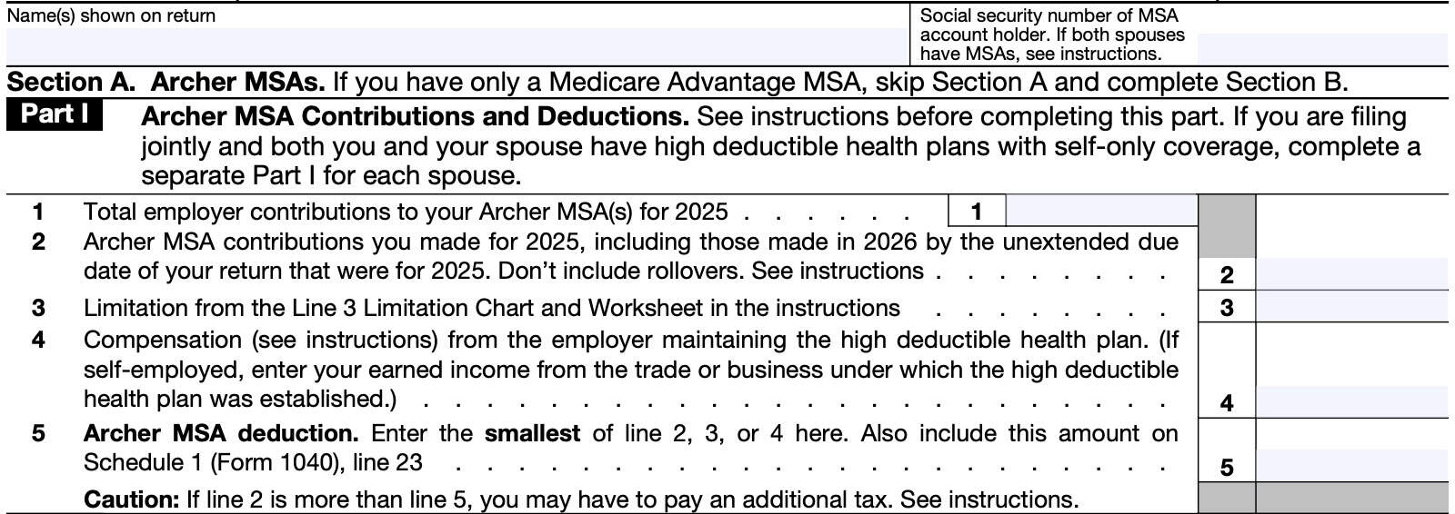 irs form 8853 Section A, part i: Archer MSA contributions and deductions