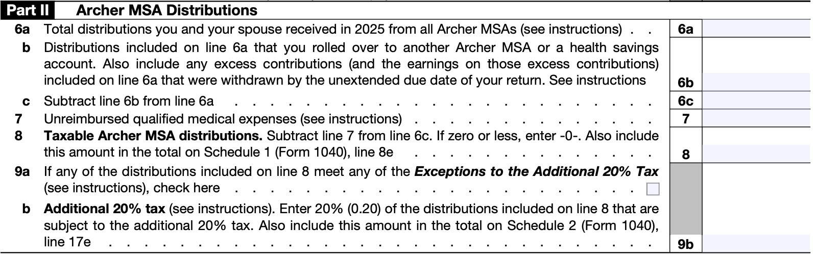 form 8853 section a part ii: archer msa distributions