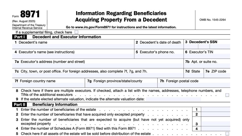irs form 8971, information regarding beneficiaries acquiring property from a decedent