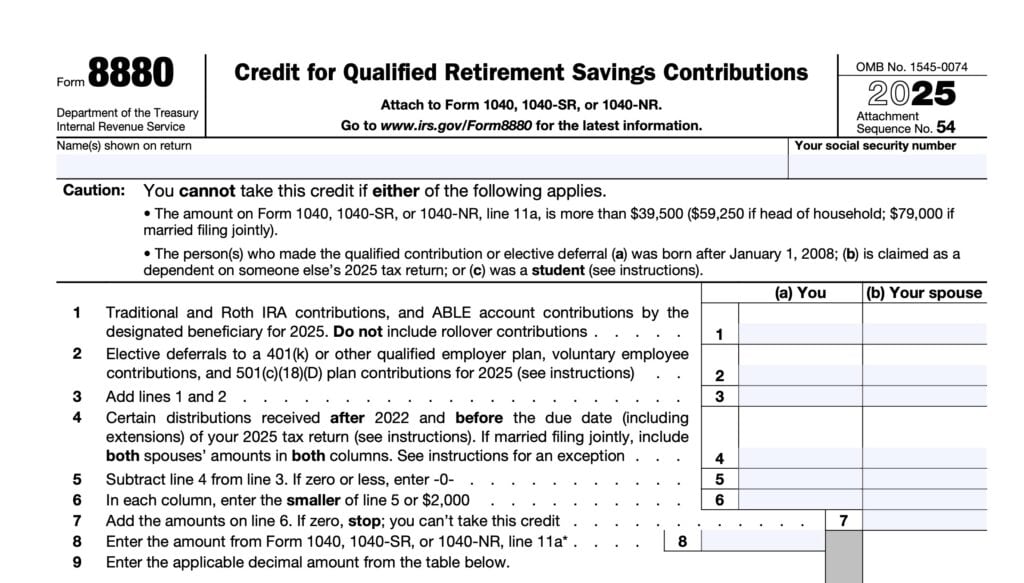 IRS Form 8880, Credit for Qualified Retirement Savings Contributions