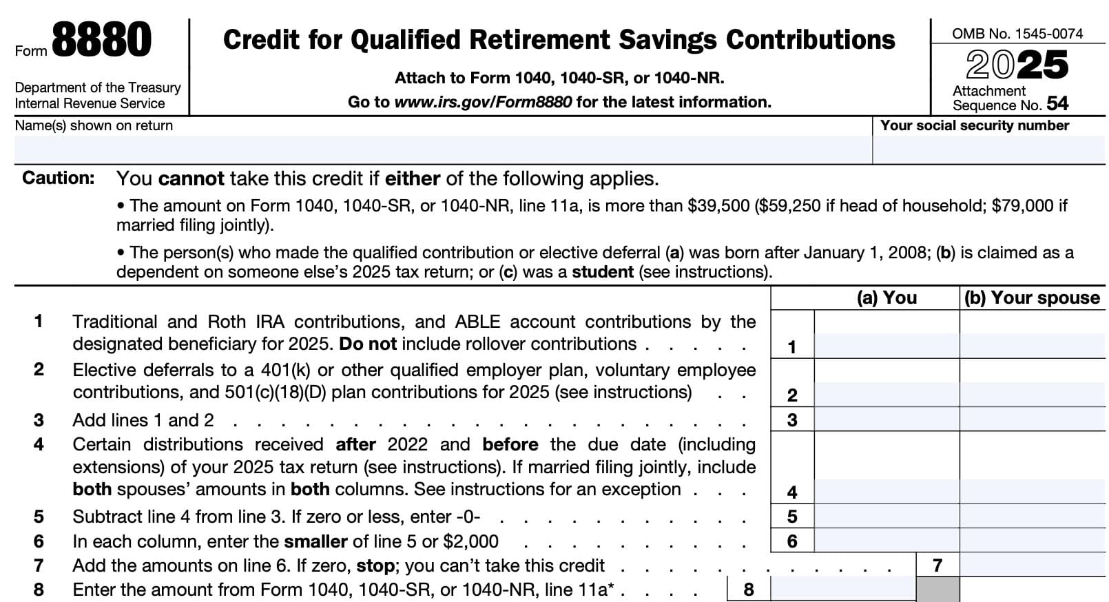 irs form 8880, lines 1 through 8