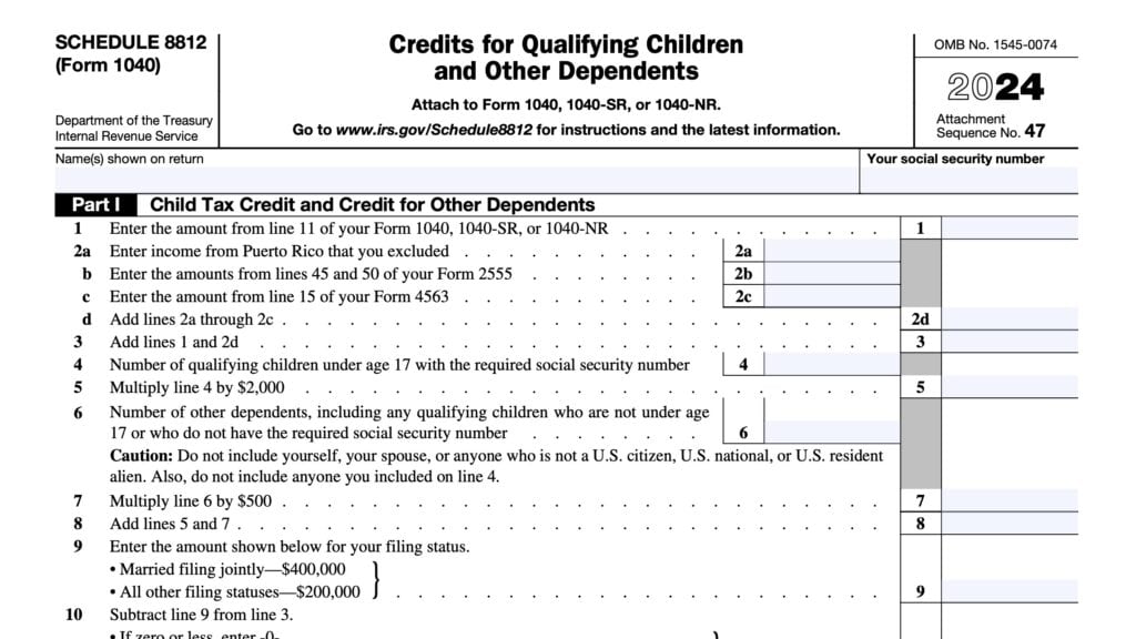 schedule 8812, credits for qualifying children and other dependents