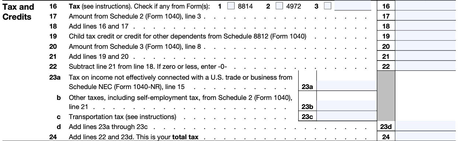 irs form 1040-nr, tax and credits