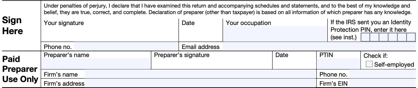 taxpayer and paid preparer signature information