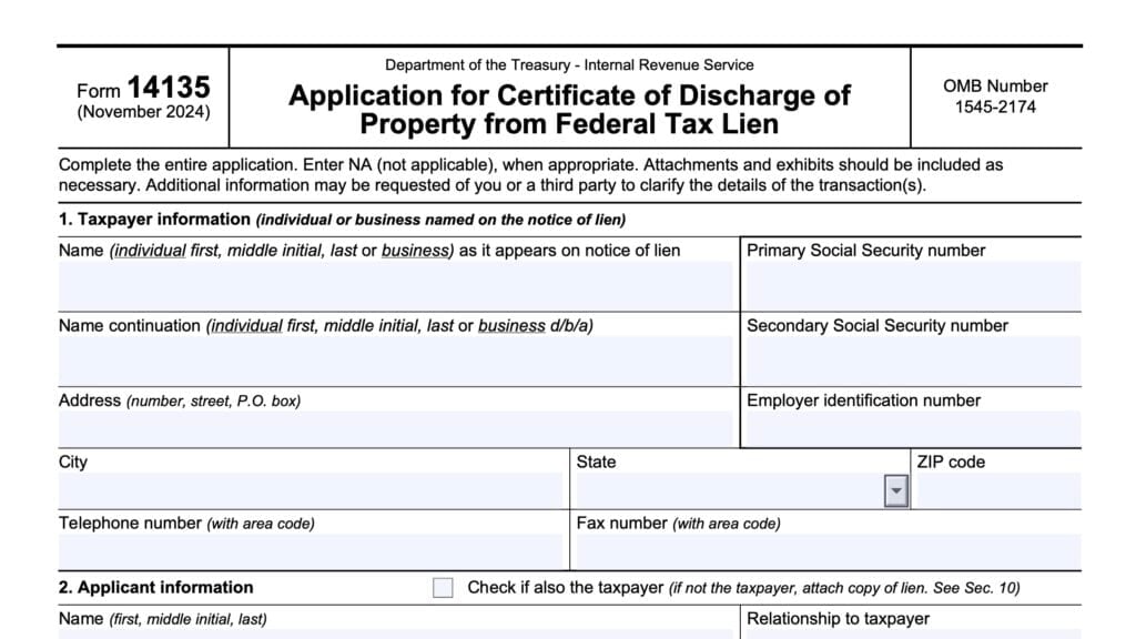irs form 14135, application for certificate of discharge of property from federal tax lien