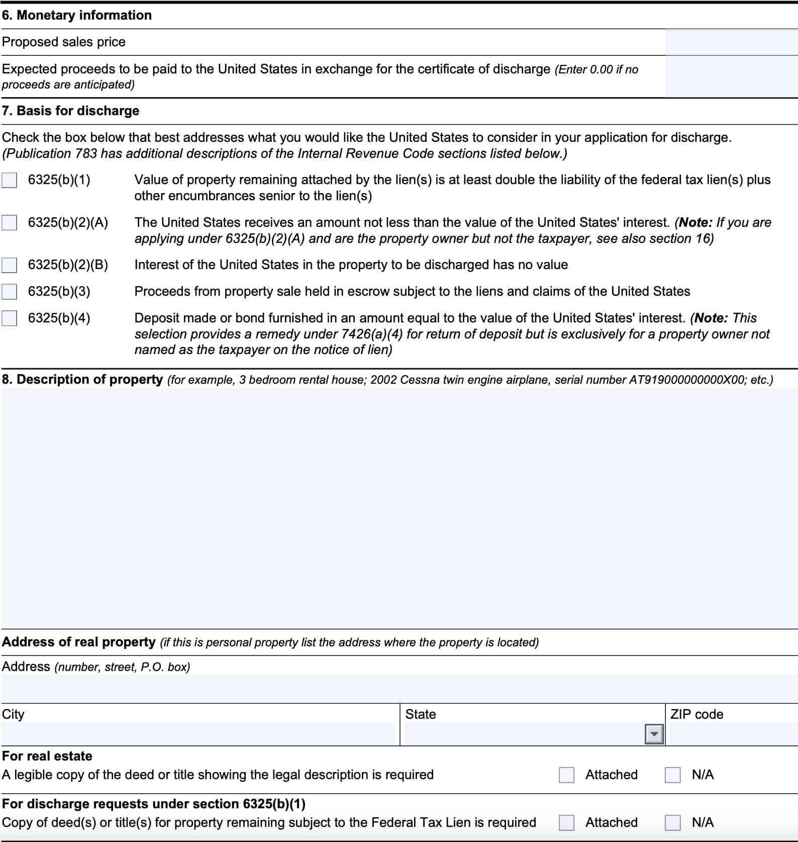 monetary information, basis for discharge, and property description