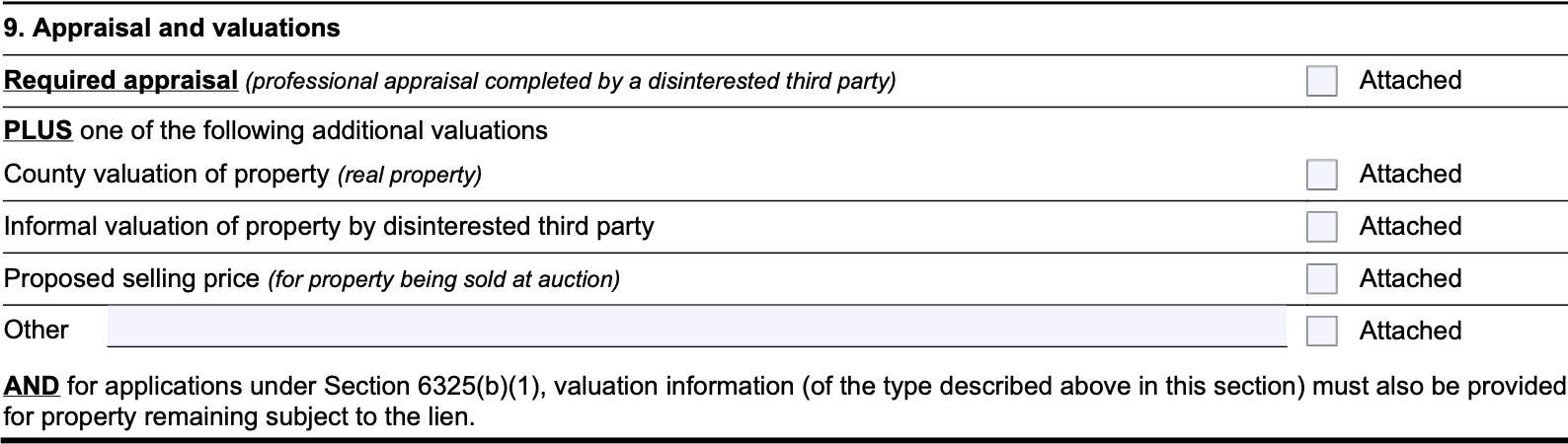 field 9: required appraisals and valuations