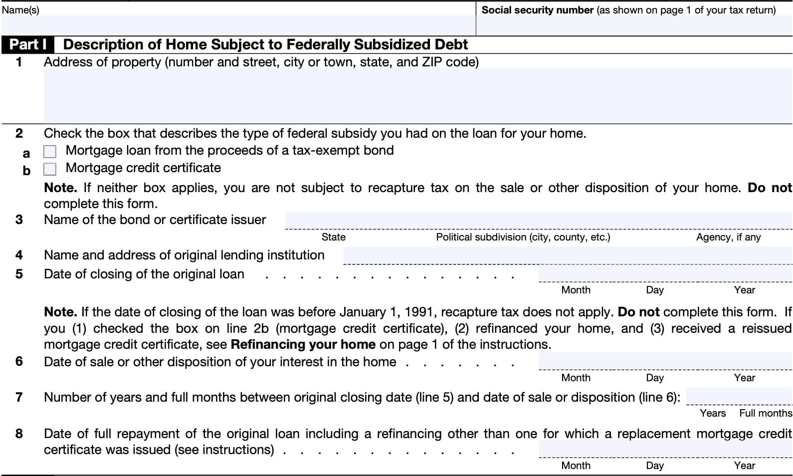 irs form 8828, part i: description of home subject to federally subsidized debt