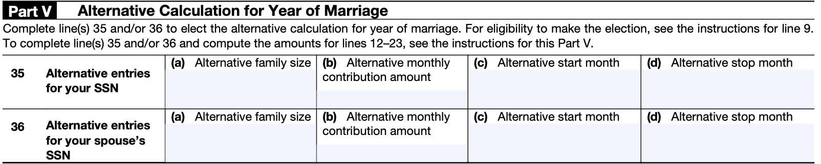 irs form 8962, part v: alternative calculation for year of marriage