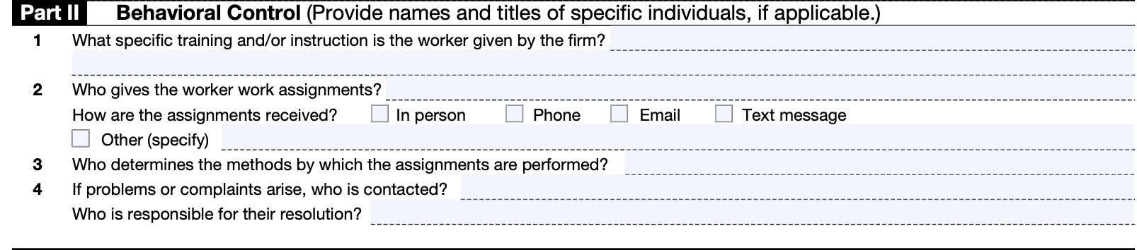 irs form ss-8, part ii: behavioral control