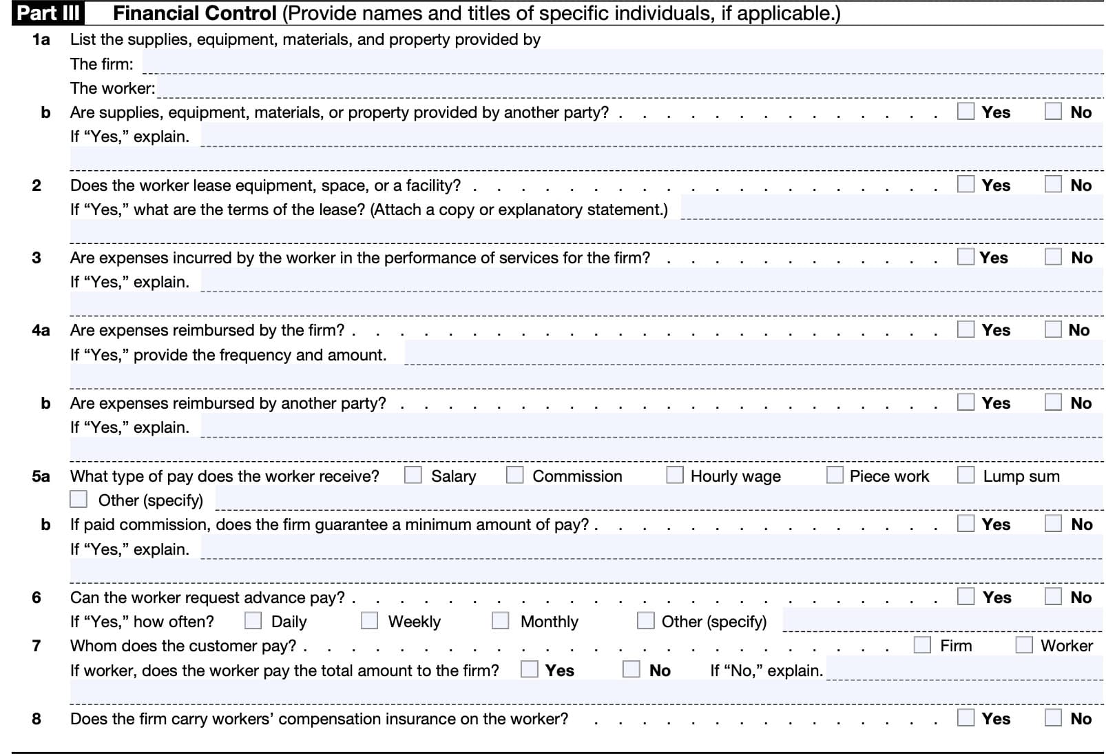 Form ss-8, part III: financial control